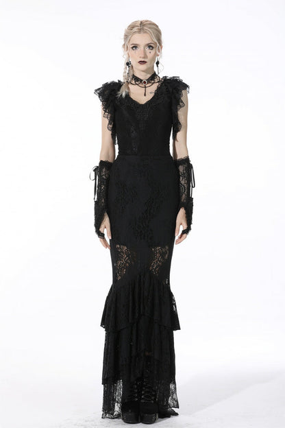 Black Plunging V Collar Short Sleeves Ruffled Lace Sexy Women's Gothic Crop Top