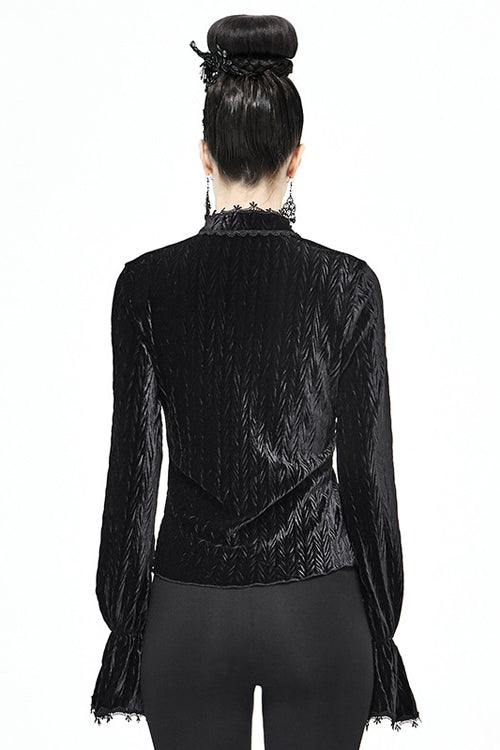 Black Pleated Velvet Trumpet Sleeves Womens Gothic Blouse