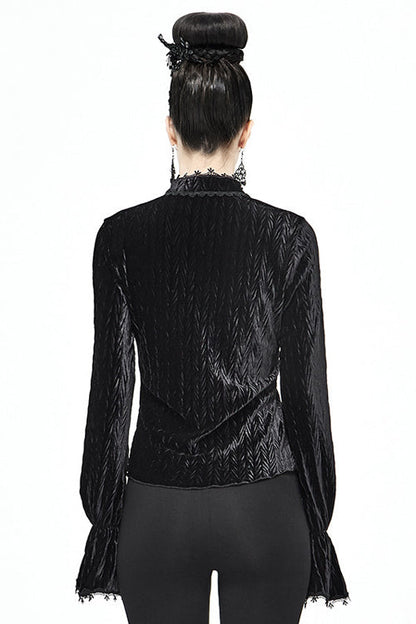 Black Pleated Velvet Trumpet Sleeves Womens Gothic Blouse