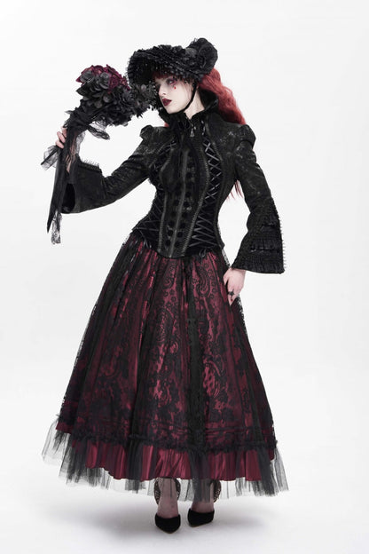 Black Lapel Collar Long Trumpet Sleeves Ruffle Lace-Up Zipper Women's Gothic Jacket