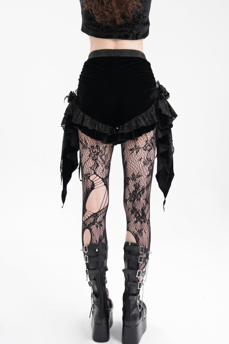 Black Plumed Ruffle Mesh Women's Gothic Shorts