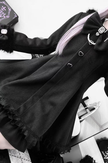 Black Long Sleeves Bowknot Rabbit Ears Detachable Hooded Japanese Jirai Kei Coat