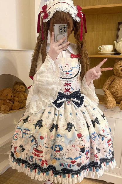 Beige [Mystery Rabbit Tea Party] Sleeveless Print Ruffle Bowknot Lace Sweet Lolita Jsk Dress