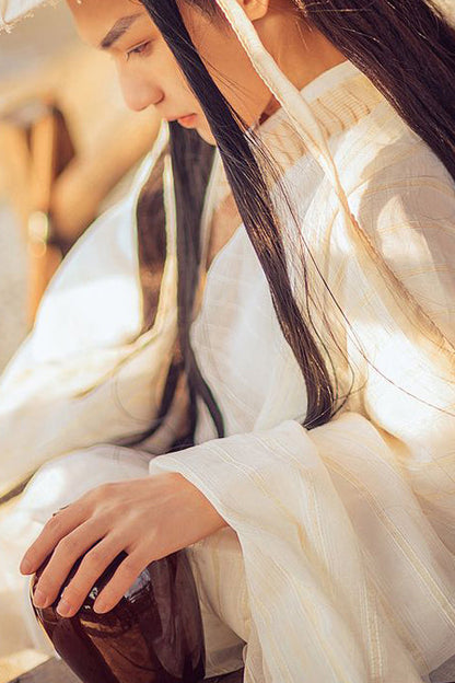 Beige Chinese Style Ancient Costume Knight Wide Sleeved Classic Mens Hanfu Full Set