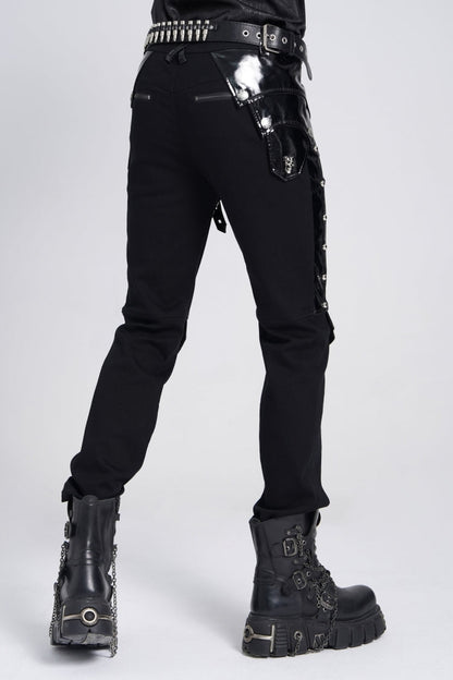 Black Armor Patent Leather Stitching Men's Punk Pants