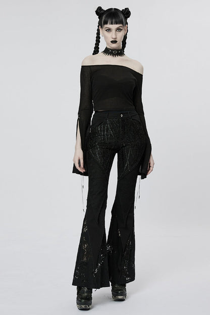 Black Off Shoulder Long Sleeves Metal Chain Women's Gothic T-Shirt