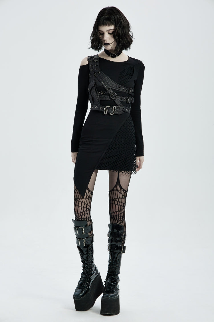 Black Cut-Out Asymmetric Buckled Eyelet Women's Punk Accessory with Pocket