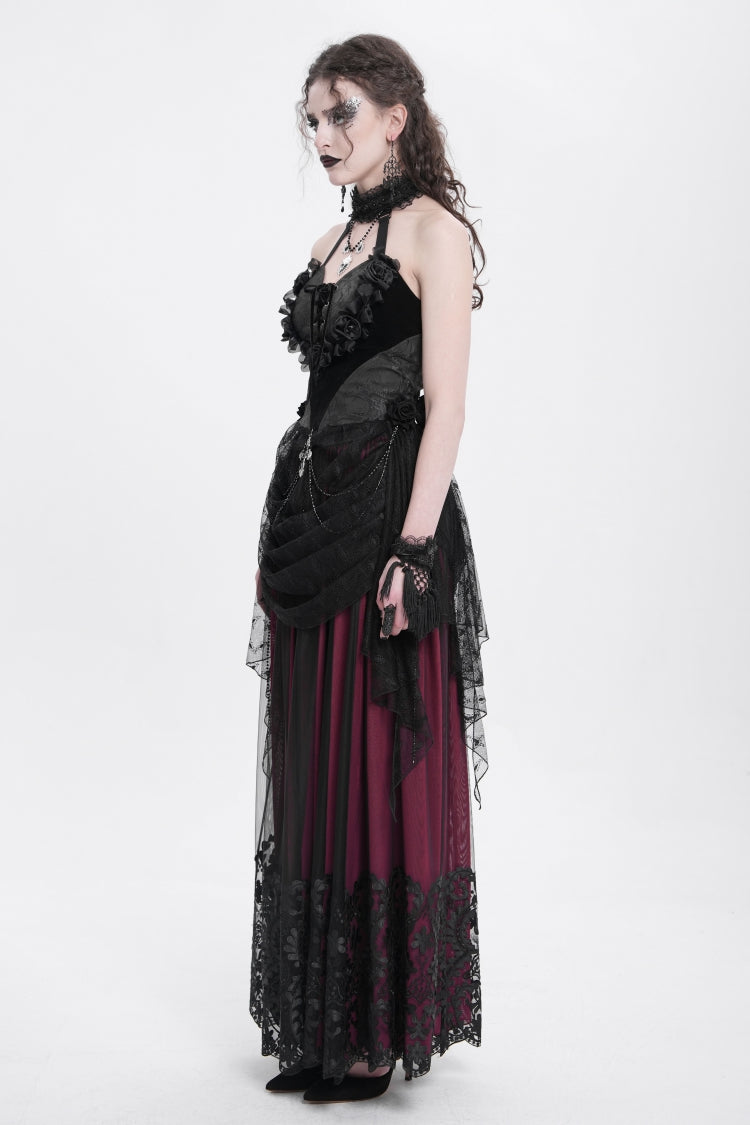 Black Halterneck Sleeveless Embroidery Stitching Rose Heart Lace Women's Gothic Blouse