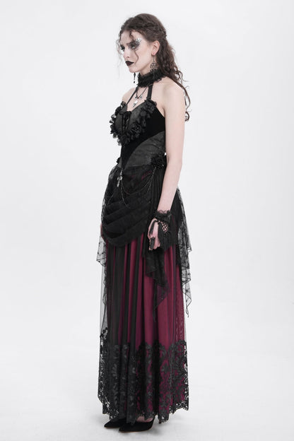 Black Halterneck Sleeveless Embroidery Stitching Rose Heart Lace Women's Gothic Blouse