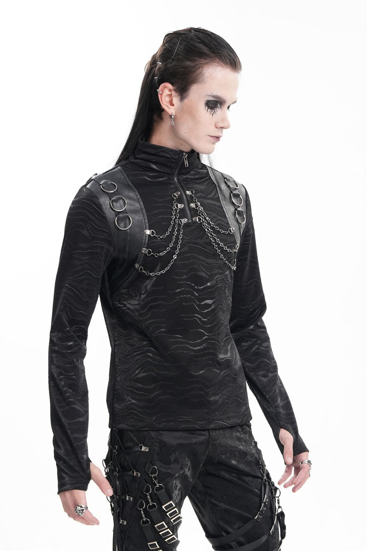 Black Chain Rings Stand Collar Long Sleeves Men's Gothic T-Shirt