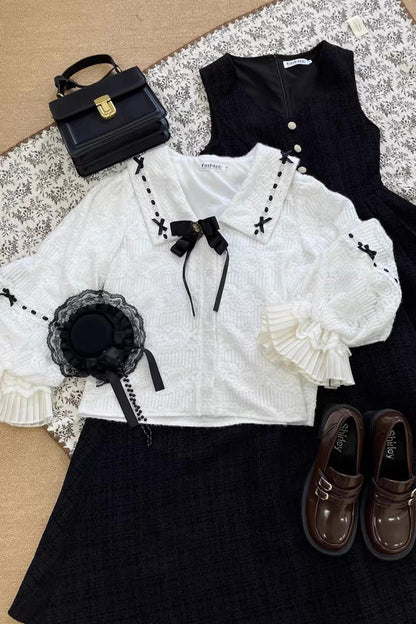Black Lapel Collar Long Sleeves Ruffled Bow Sweet Lolita Jumper Dress Set