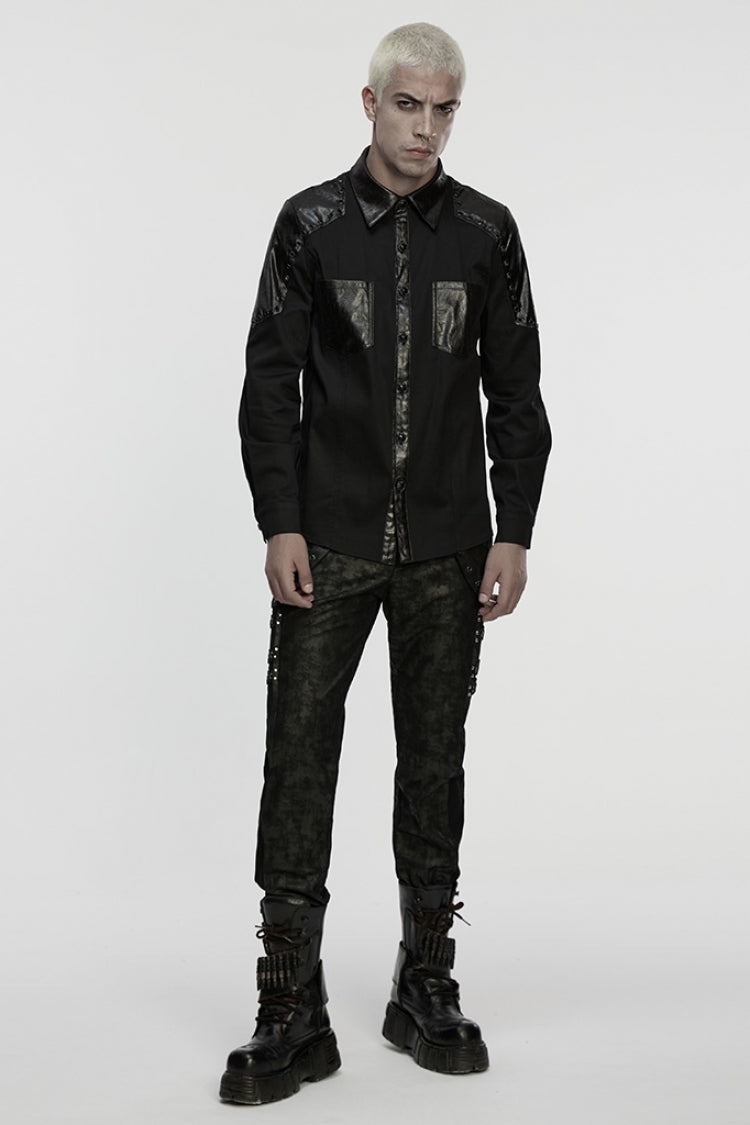 Black Lapel Collar Long Sleeves Stitching Eyelet Men's Punk Blouse