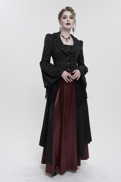 Black Jacquard Short Front Long Back Lapel Bead And Chain Trim Large Cuffs With Lace Trim Back Strap Thin Long Women's Gothic Coat