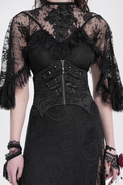 Black Batwing Beaded Lace-Up Zipper Women's Underbust Corset