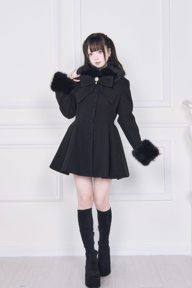 Black Plush Collar Long Sleeves Bowknot Japanese Sweet Lolita Coat