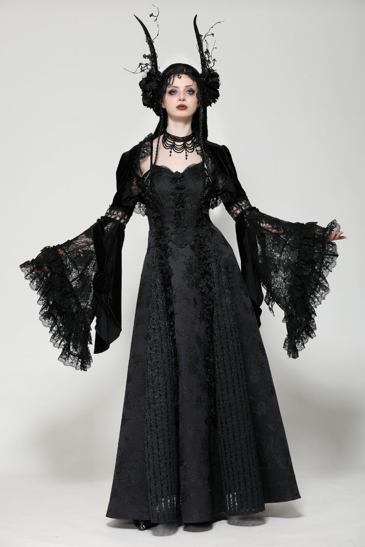 Black Long Puff Flared Sleeves Ruffled Lace Spliced Velvet Women's Gothic Cape