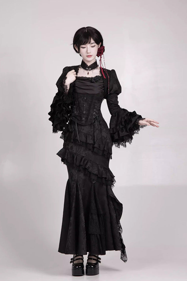 Black  [Letters & Poems · Twilight] Multi-Layered Jacquard Ruffled Witch Gothic Lolita Skirt 2 Versions