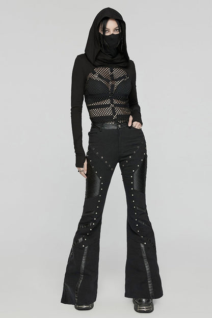 Black Mesh Rivet Women's Punk Flared Pants