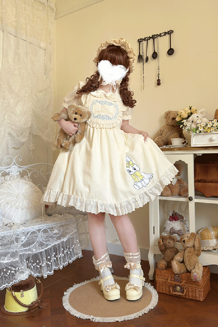 Apricot [Sweet Dream Bunny] Doll Collar Short Sleeves Ruffle Embroidery Bowknot Sweet Plus Size Lolita Dress