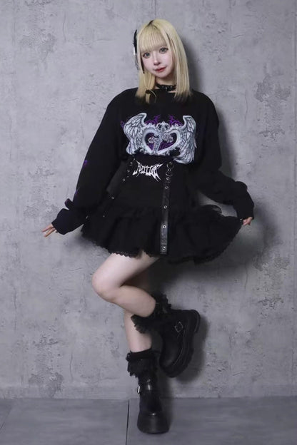 Black High Waisted Ruffle Embroidery Gothic Jirai Kei Japanese Skirt