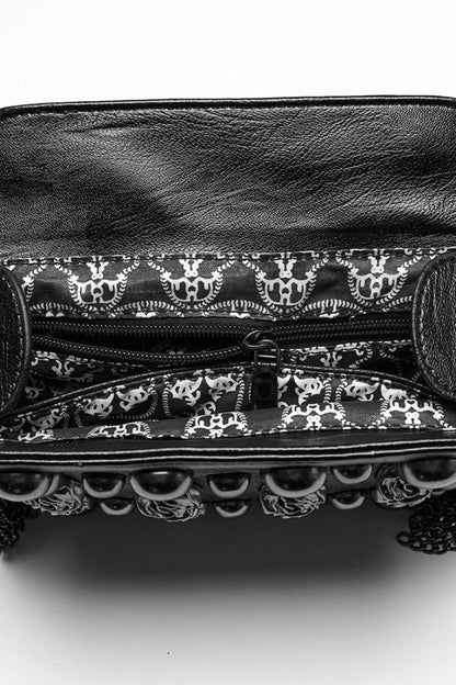 Black Beaded Rose Rivet Women's Gothic Faux Leather Clutches