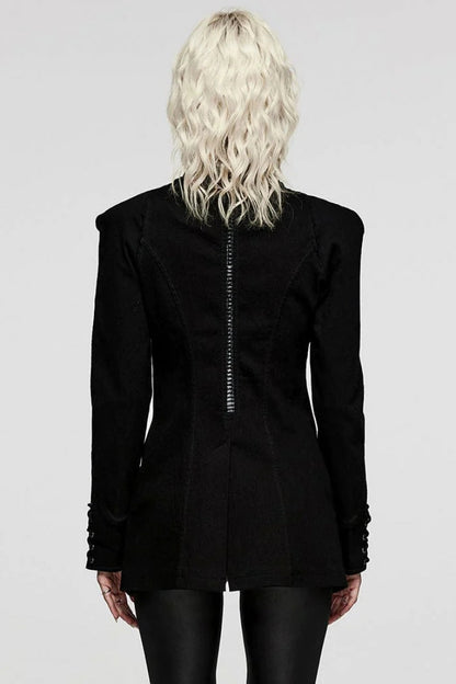 Black Denim Eyelet Rope Stand Collar Zipper Slim Irregular Womens Steampunk Coat