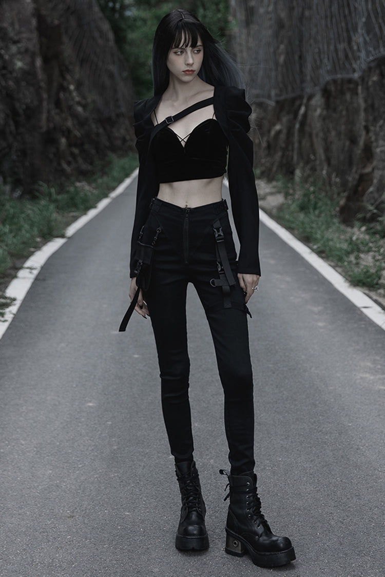 Black Functional Tooling Style Pocket Belt Trim V-Shaped Split Zipper Women's Punk Trousers
