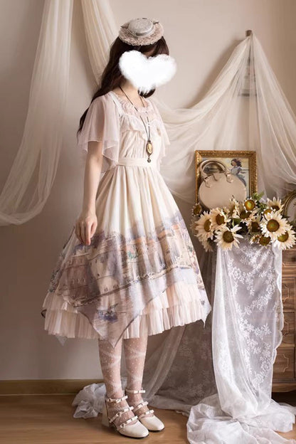 Apricot [Adria] Multi-Layered Printed Irregular Sweet Lolita Jsk Dress