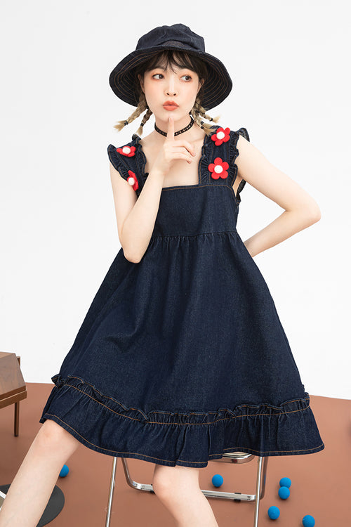 Black Denim Ruffled Strap With Flower Accessories High Waisted Sweet Lolita Strap Dress