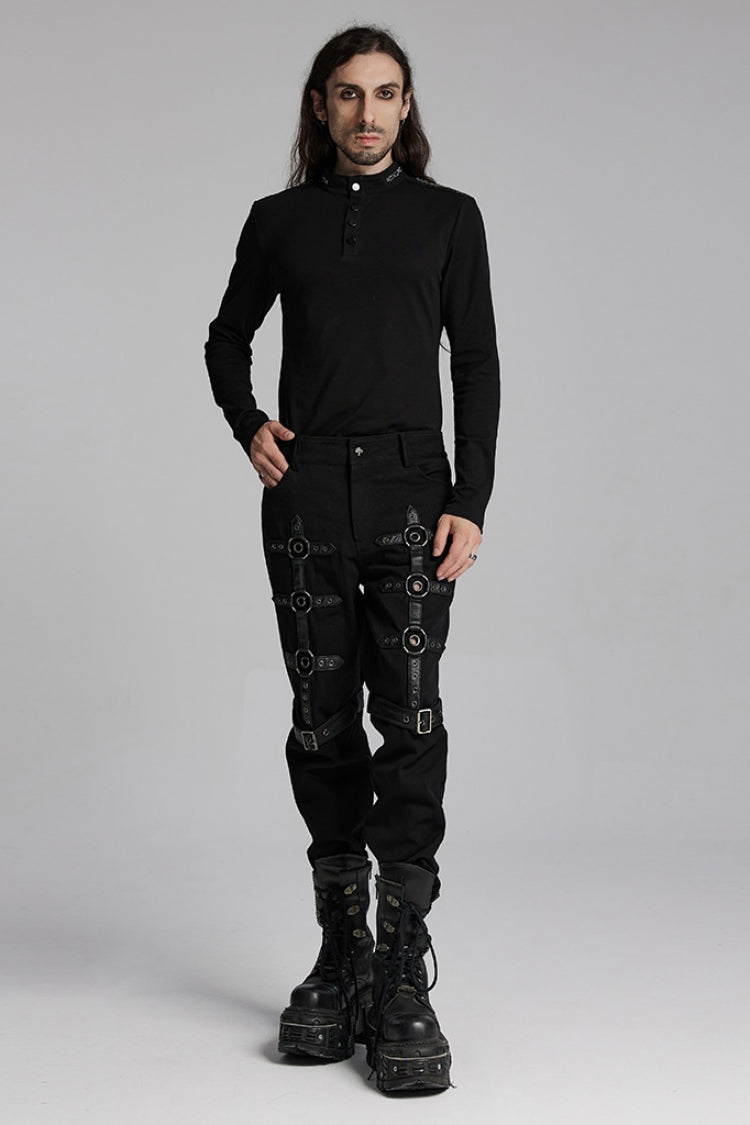 Black Buckle Eyelets Ring Men's Punk Pants