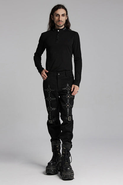 Black Buckle Eyelets Ring Men's Punk Pants