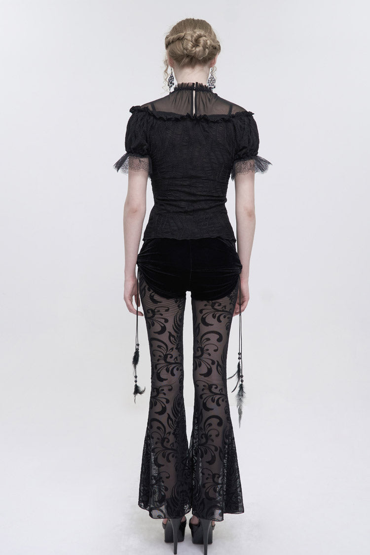 Black Flocking Mesh Side Hanging Feather Pendant Fake Two-Piece Long Women's Gothic Flared Pants