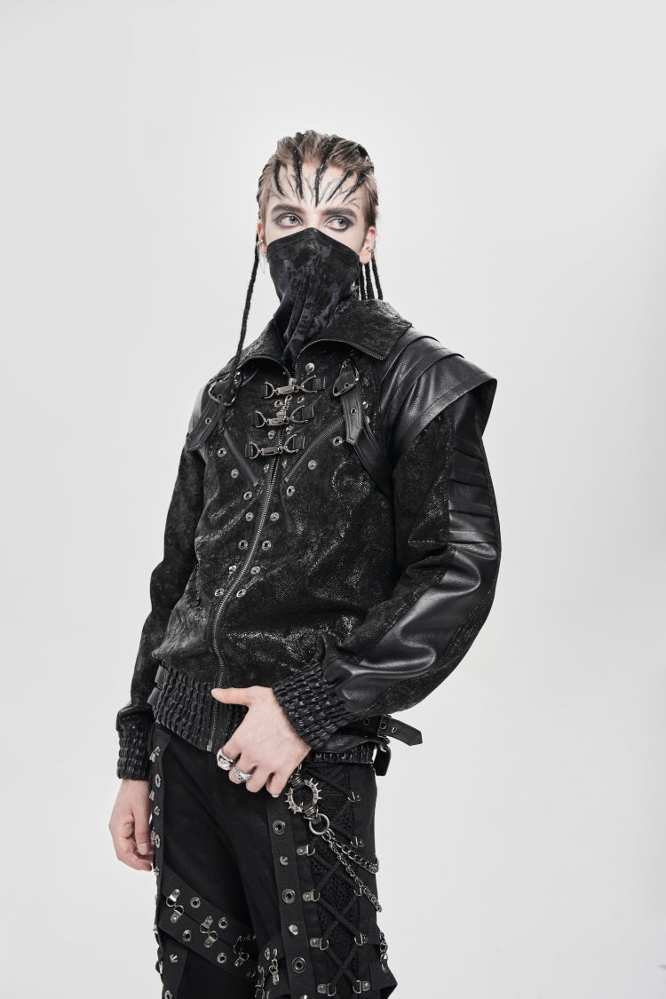 Black Faux Leather Stitching Buckle Zipper Straps Men's Punk Coat