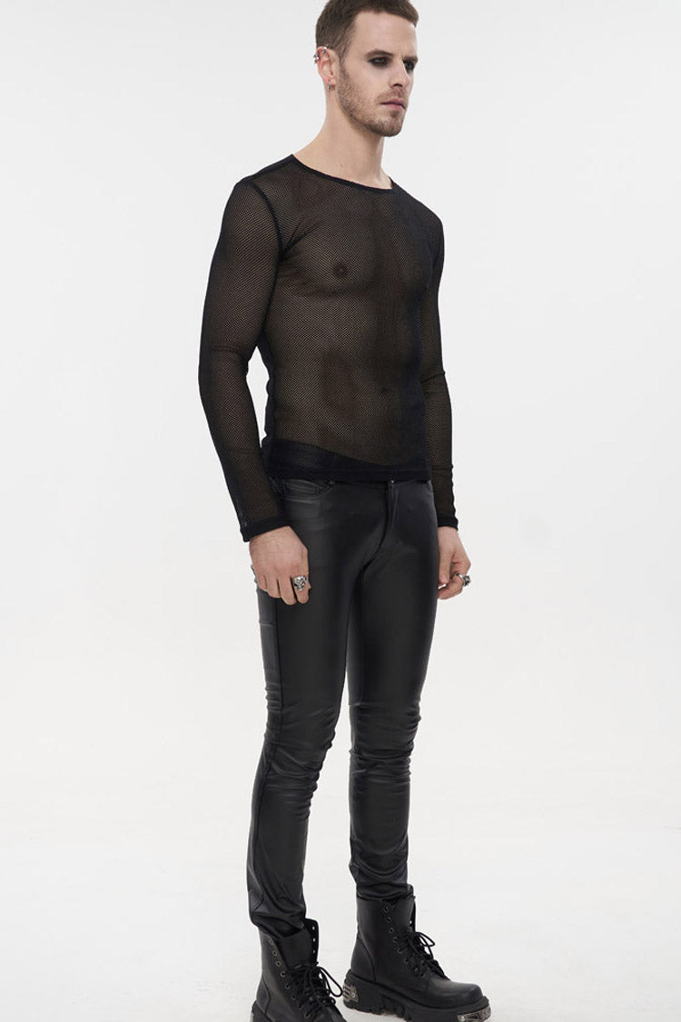 Black Gothic Elasticity High Neck Long Sleeve Mesh Men's Shirt