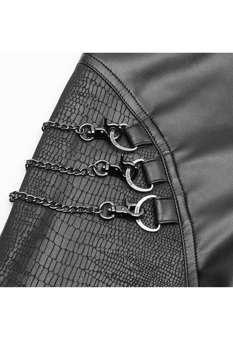Black Crack Velvet Splice Knit PU Leather Metal Buckle Connect Chain Women's Punk Leggings
