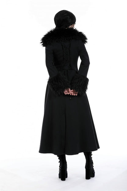 Black Long Sleeves Lace-Up Buckled Women's Gothic Draped Coat with Faux Fur Collar
