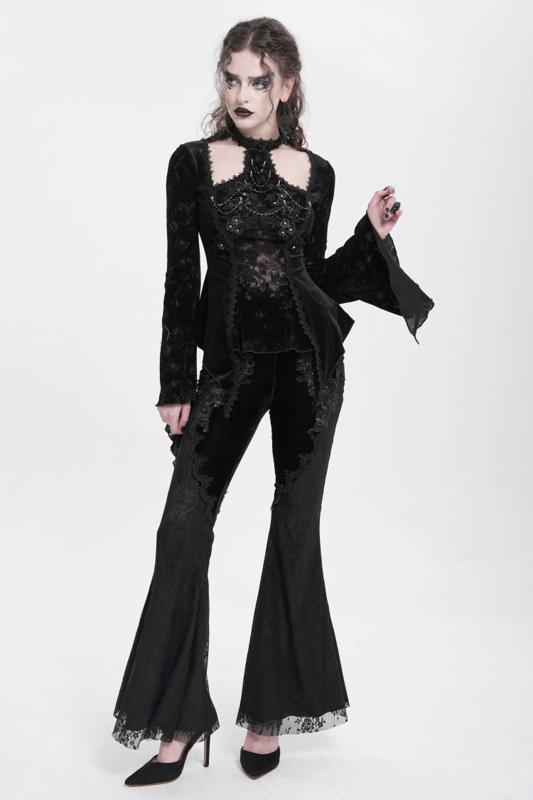 Black Floral Embroidery Stitching Lace Women's Gothic Pants