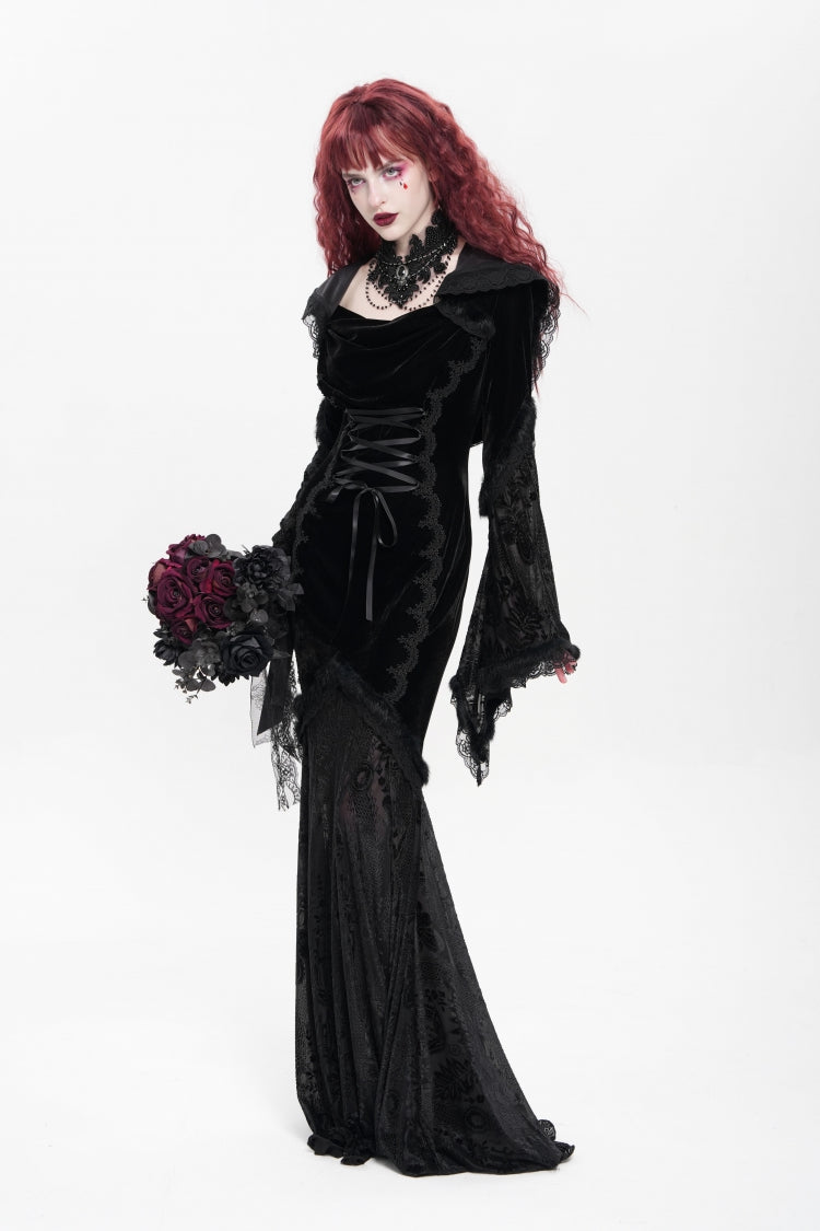 Black Long Trumpet Sleeves Embroidery Stitching Lace Hooded Mesh Women's Gothic Dress