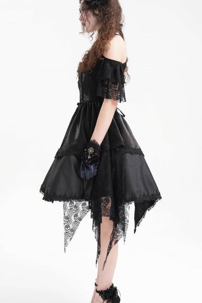 Black Halterneck Lace Lace-Up Irregular Hem Women's Gothic Dress