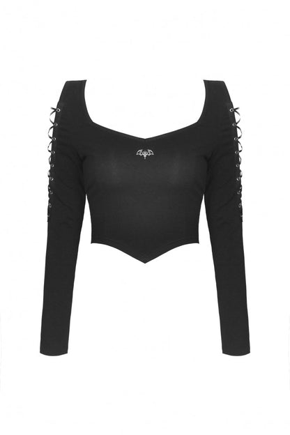 Black Long Sleeves Irregular Strappy Bat Women's Punk Crop Top
