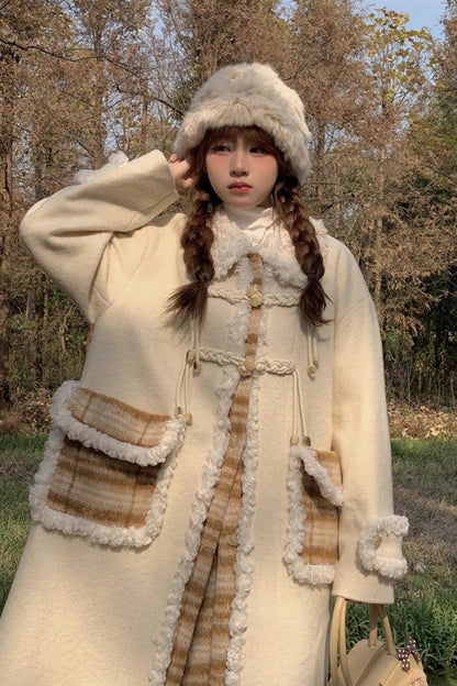 Beige Doll Collar Long Sleeves Plaid Print Stitching Sweet Lolita Coat