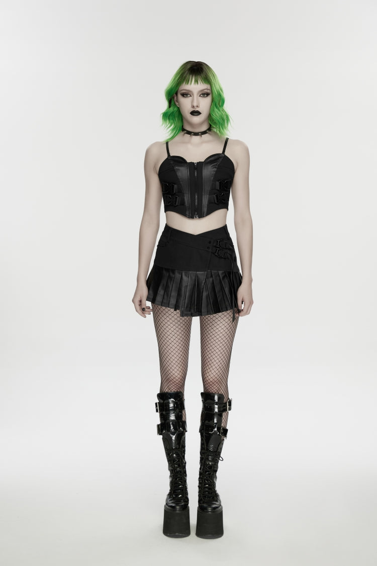 Black Asymmetric Buckled Pleated Women's Punk Skirt