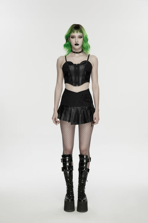 Black Asymmetric Buckled Pleated Women's Punk Skirt