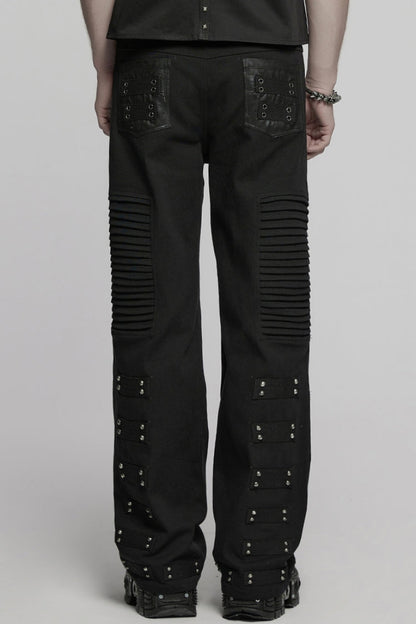 Black Pleated Faux Leather Stitching Men's Punk Straight Pants