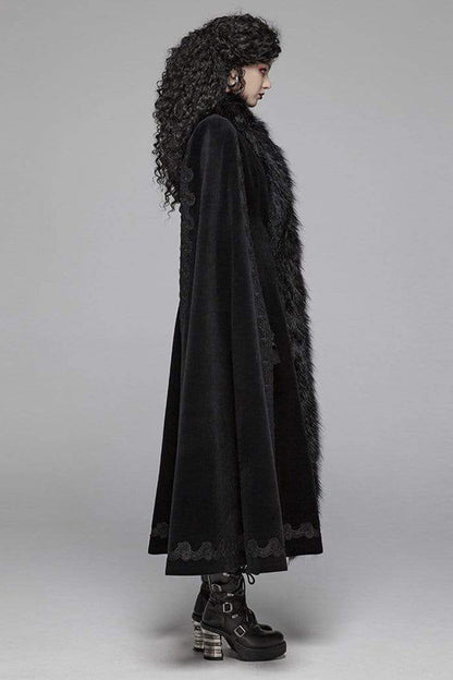 Black Fur Collar Slit Cloak Shape Sleeve Back Waist Lace Up Imitation Cashmere Long Women's Gothic Coat
