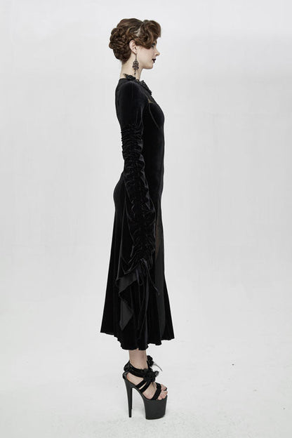 Black Flocking Pattern Trumpet Sleeve Sexy Womens Gothic Fitted Velvet Dress