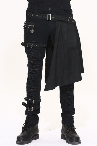 Black Adjusted Loops Punk Rock Holes Ripped Mens Pants Collocation Skirt