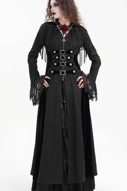 Black Buckle-up Tassels Hooded Women's Gothic Coat