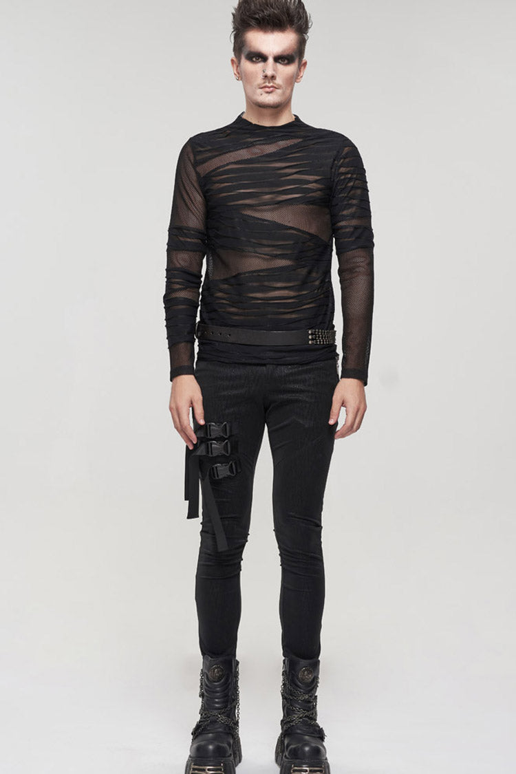 Black Gothic Bandage Design Net Yarn Perspective Men's Sweater