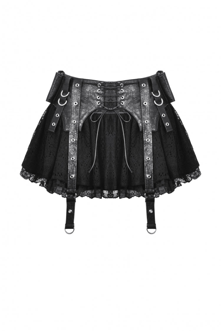 Black Faux Leather Spliced Lace Lace-Up Women's Punk Mini Skirt